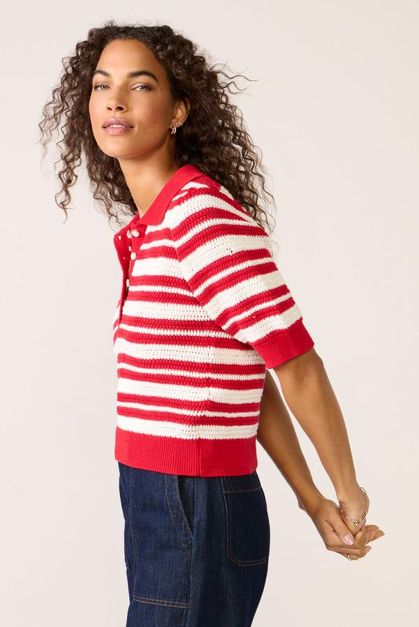 Everve Monica Henley Polo Sweater Red/Ivory