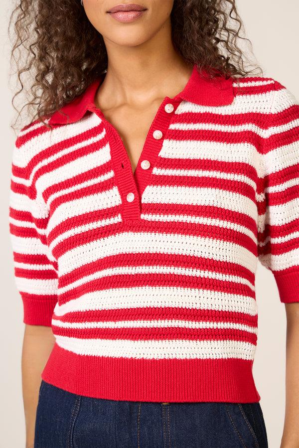 Everve Monica Henley Polo Sweater Red/Ivory