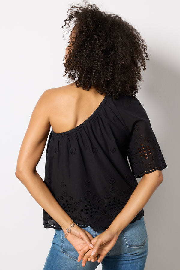 Everve Nash Eyelet One Shoulder Top Black