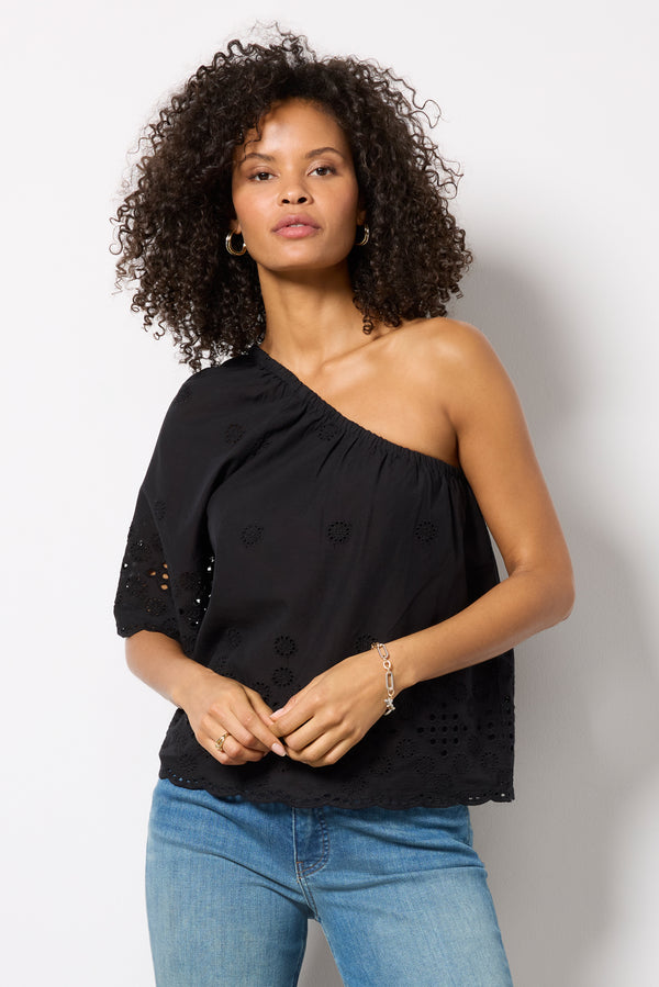 everve Nash Eyelet One Shoulder Top Black