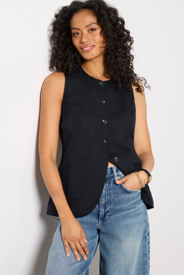 everve Natalia Long Linen Vest Black