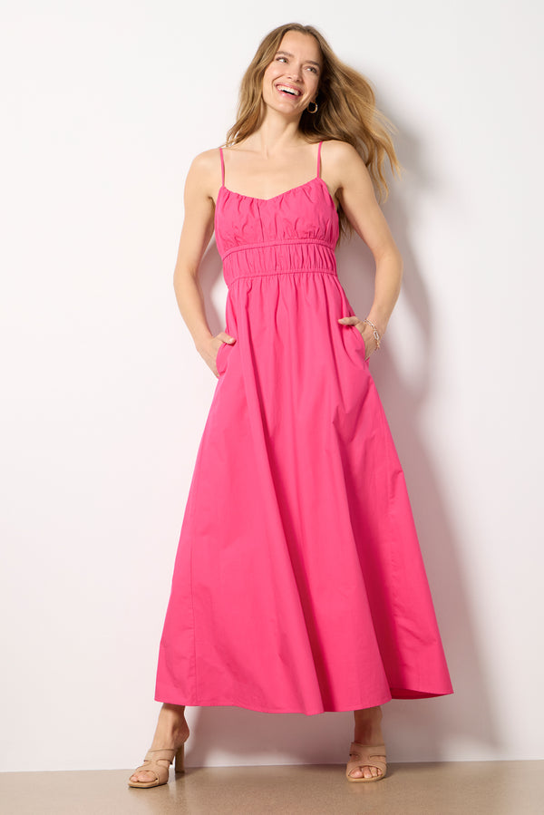 everve Poplin Ruched Maxi Dress Cerisepink