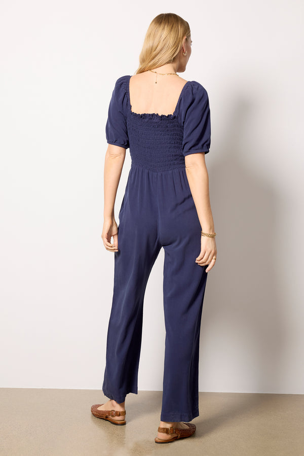 Everve Puff Sleeve Belt Tie Jumpsuit Peacoat