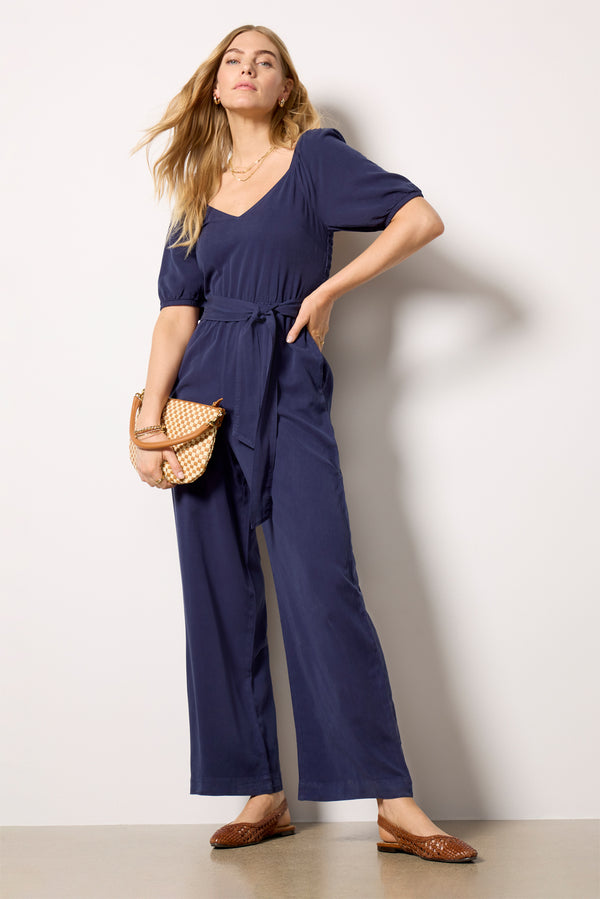everve Puff Sleeve Belt Tie Jumpsuit Peacoat