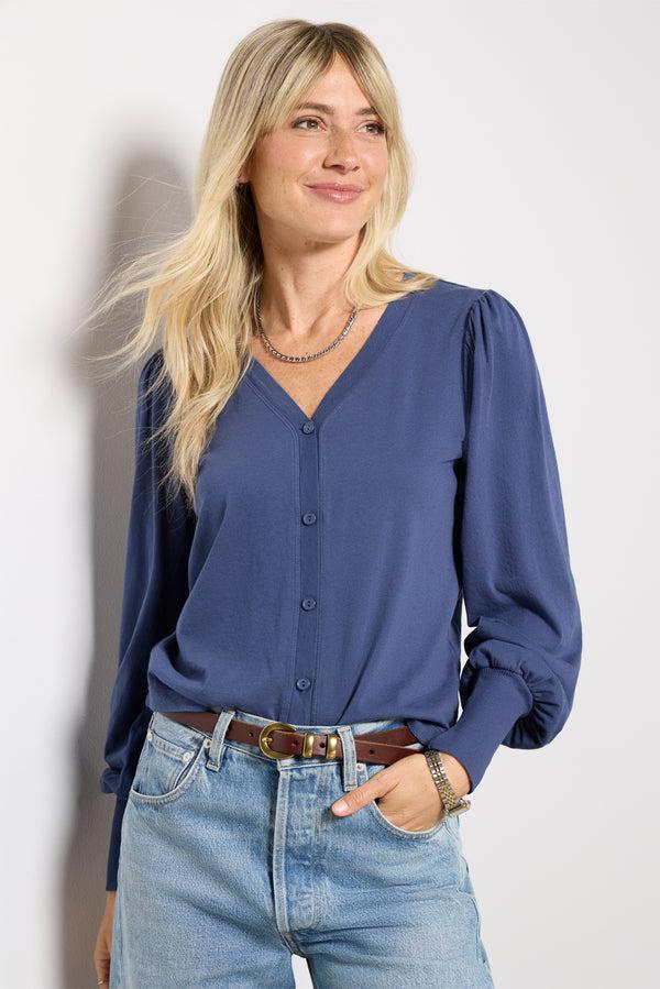 everve Puff Sleeve Button Down Pacificblue