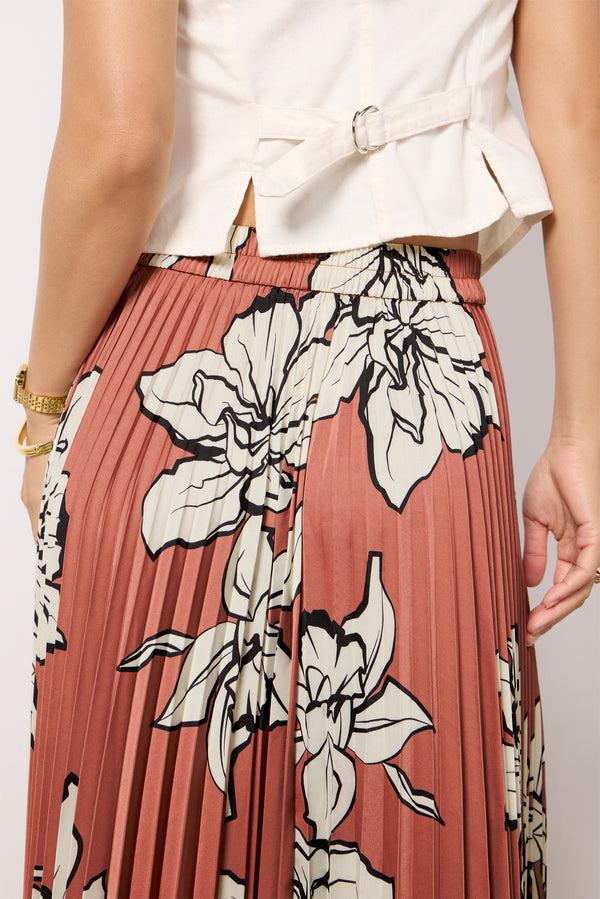 Everve Satin Pleated Midi Skirt Taupe/Multi
