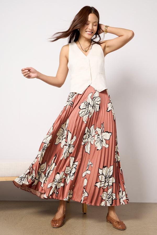 everve Satin Pleated Midi Skirt Taupe/Multi