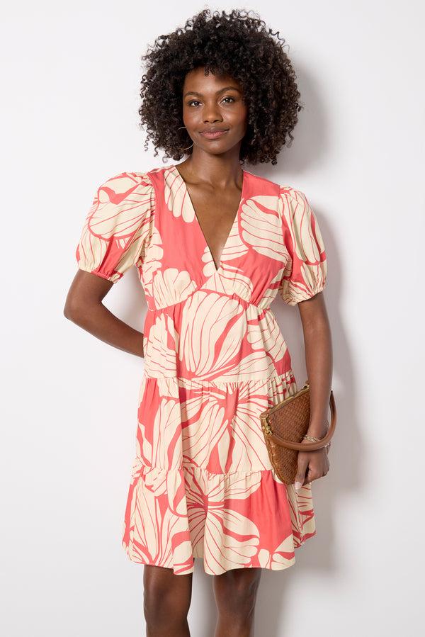 Everve SS V Neck Mini Dress Coralprintplumeria