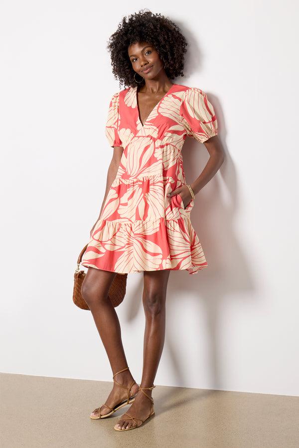 Everve SS V Neck Mini Dress Coralprintplumeria