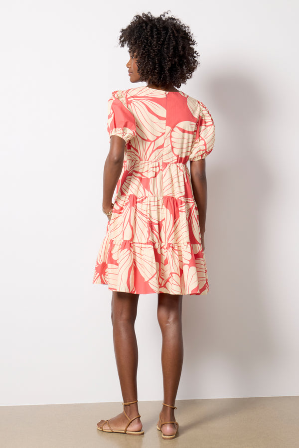 Everve SS V Neck Mini Dress Coralprintplumeria