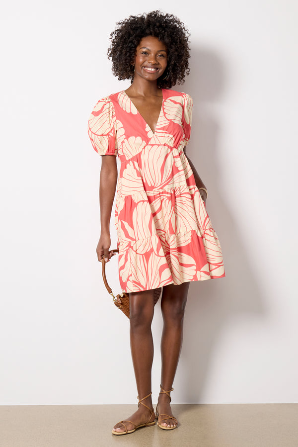 Everve SS V Neck Mini Dress Coralprintplumeria