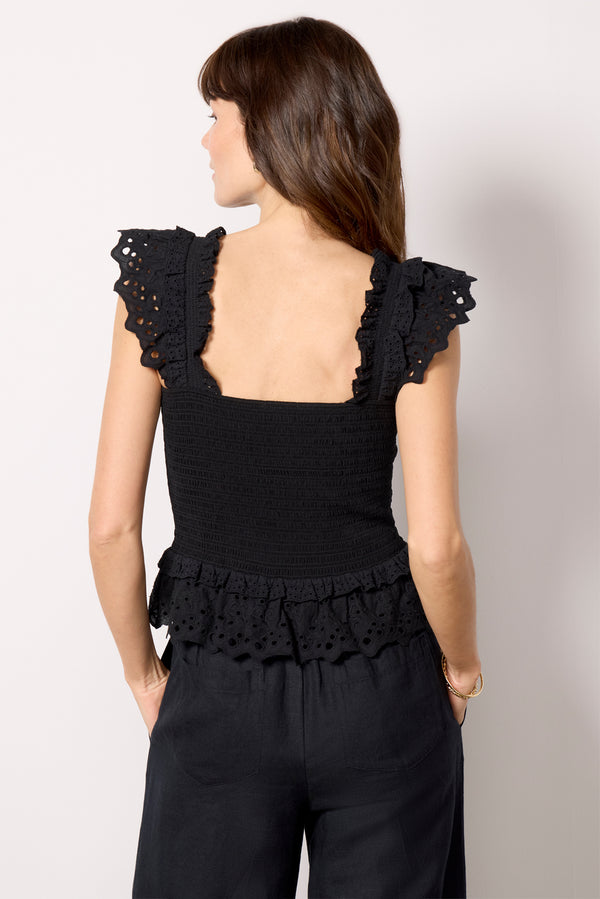 Everve Talia Smocked Flutter Tank Black