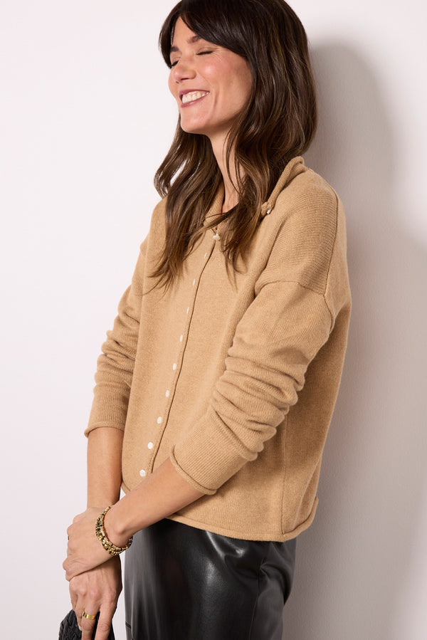 everve Taylor Roll Neck Cardigan Camel