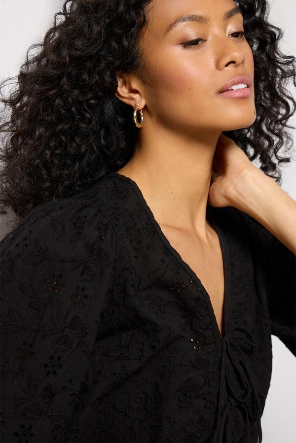 Everve Tie Front Eyelet Top Black