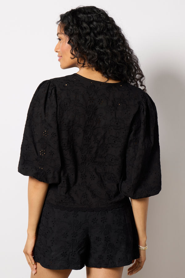 Everve Tie Front Eyelet Top Black