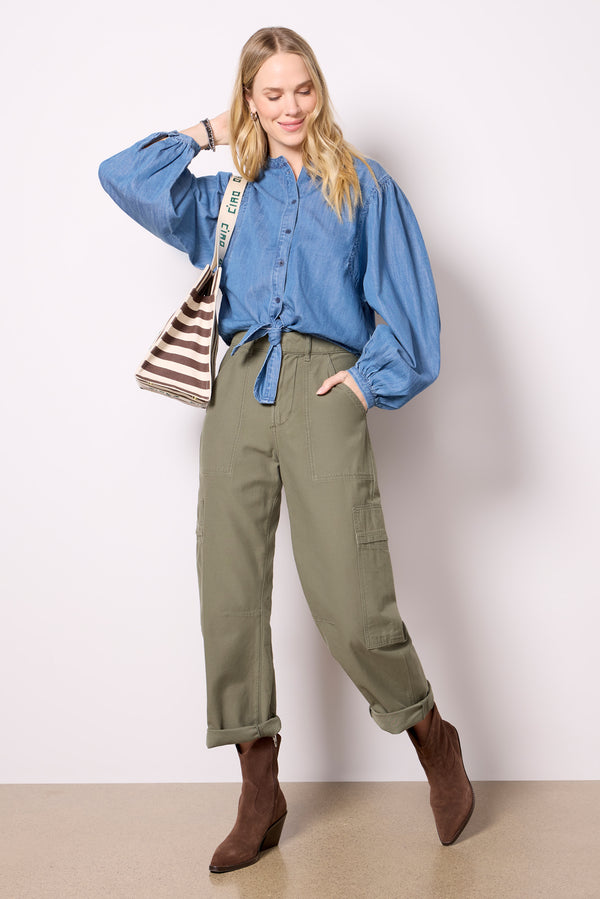 Everve Tie Front Volume Blouse Blueslate