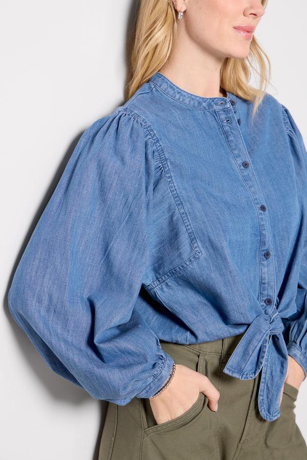 Everve Tie Front Volume Blouse Blueslate