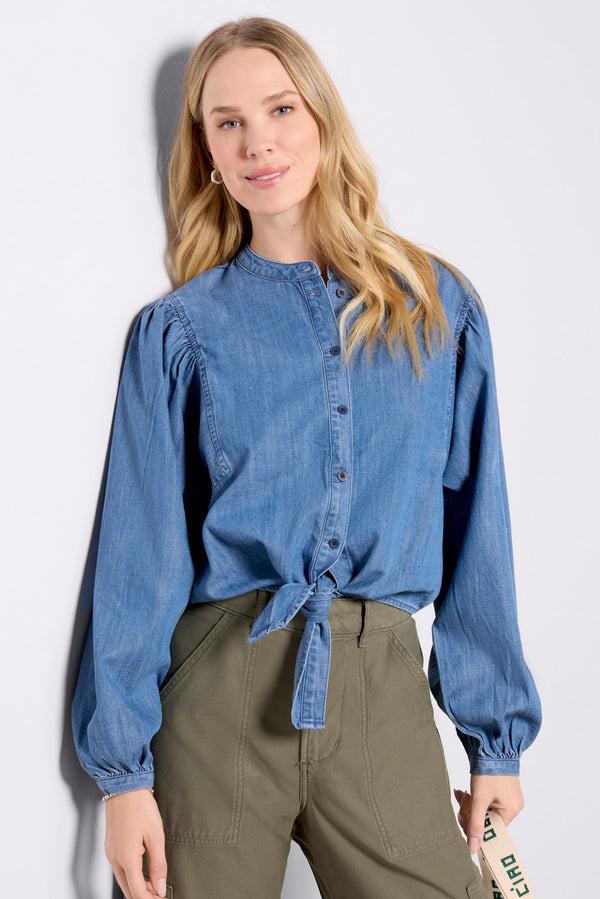everve Tie Front Volume Blouse Blueslate