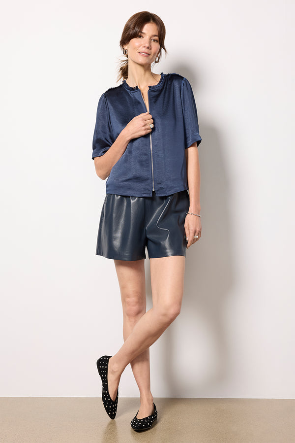 Everve Tilly Satin Zip Up Top Navy
