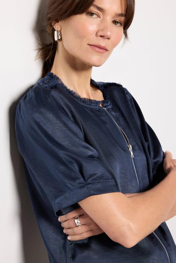 Everve Tilly Satin Zip Up Top Navy