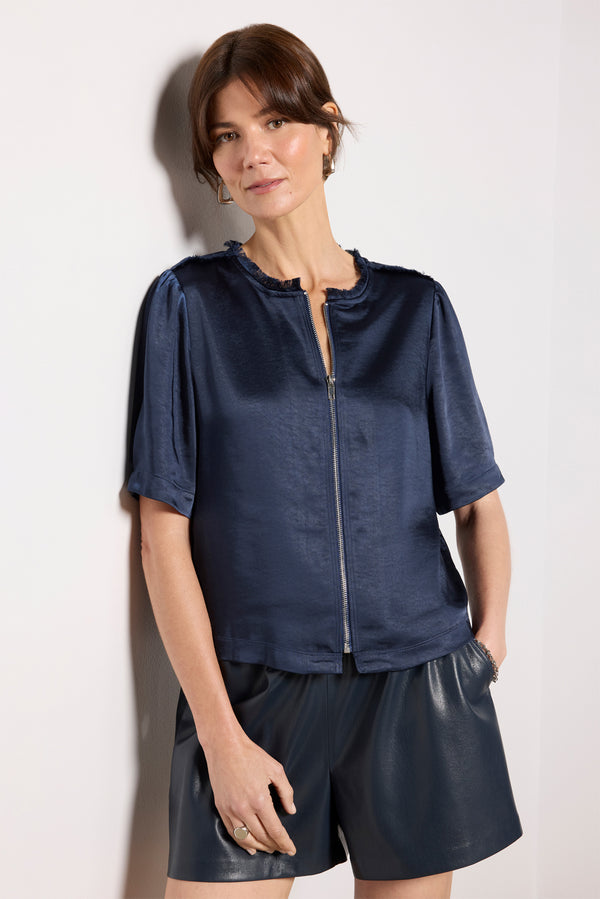 everve Tilly Satin Zip Up Top Navy