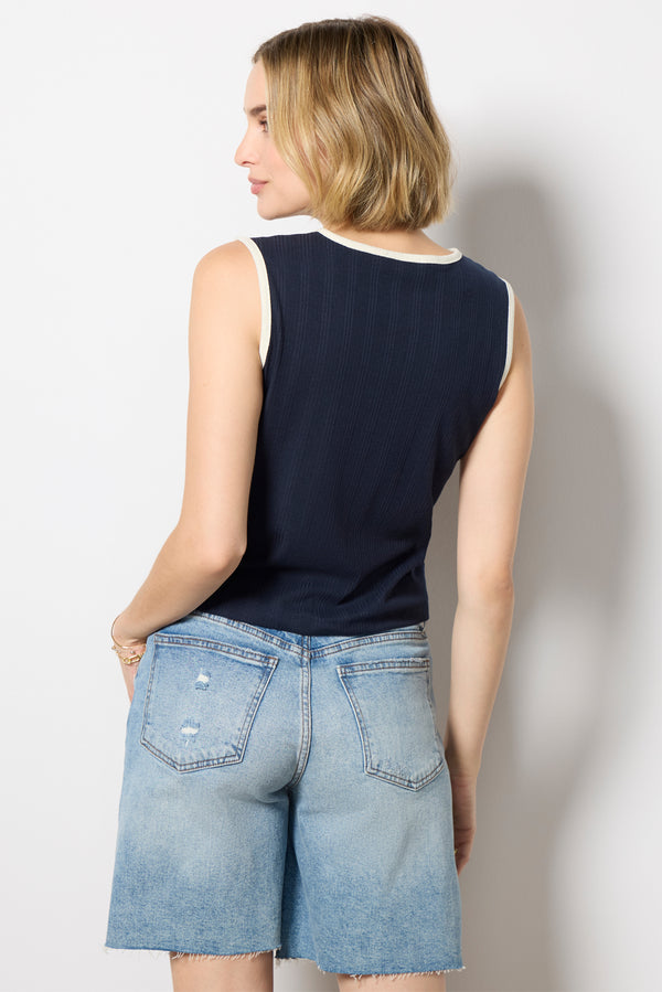 Everve Tori Ribbed Tie Front Tank Navy/White