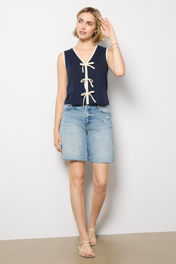 everve Tori Ribbed Tie Front Tank Navy/White