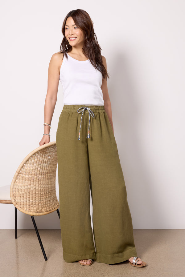 everve Wide Leg Linen Pant Olive