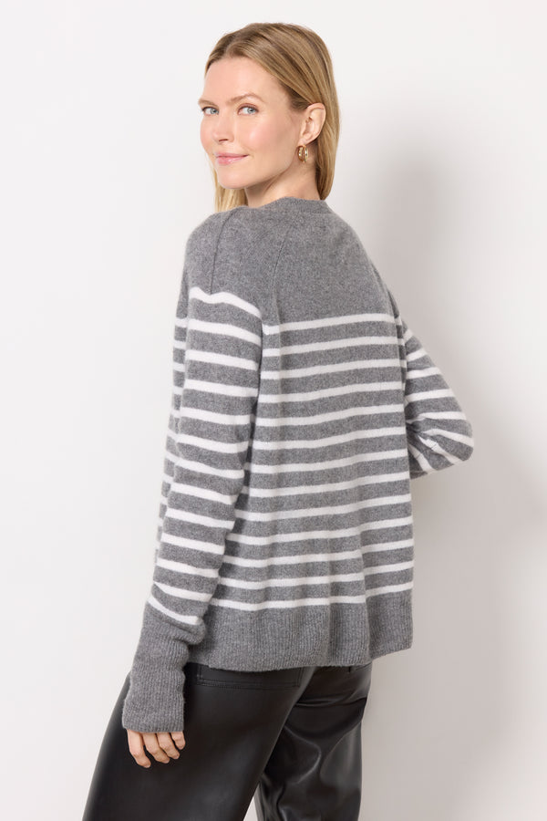 Everve Kate Vneck Cashmere Pullover Greyivorystripe