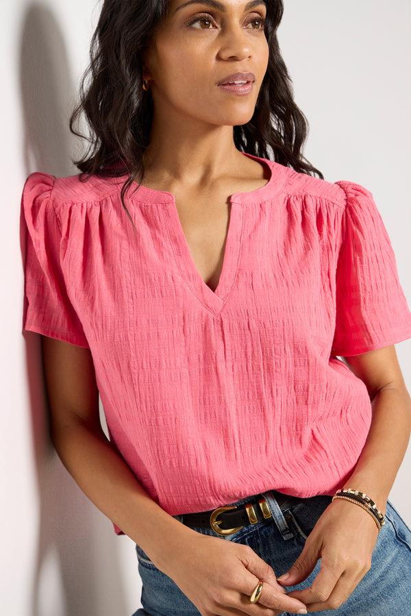 Everve Shelby Textured Split Neck Top Sunkissedcoral