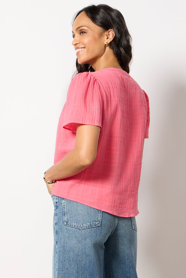 Everve Shelby Textured Split Neck Top Sunkissedcoral