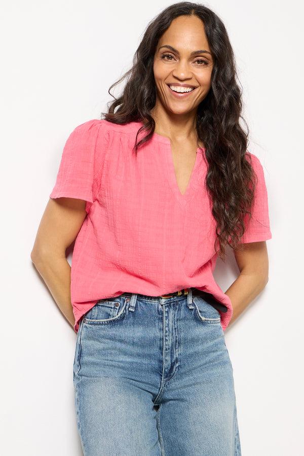 everve Shelby Textured Split Neck Top Sunkissedcoral