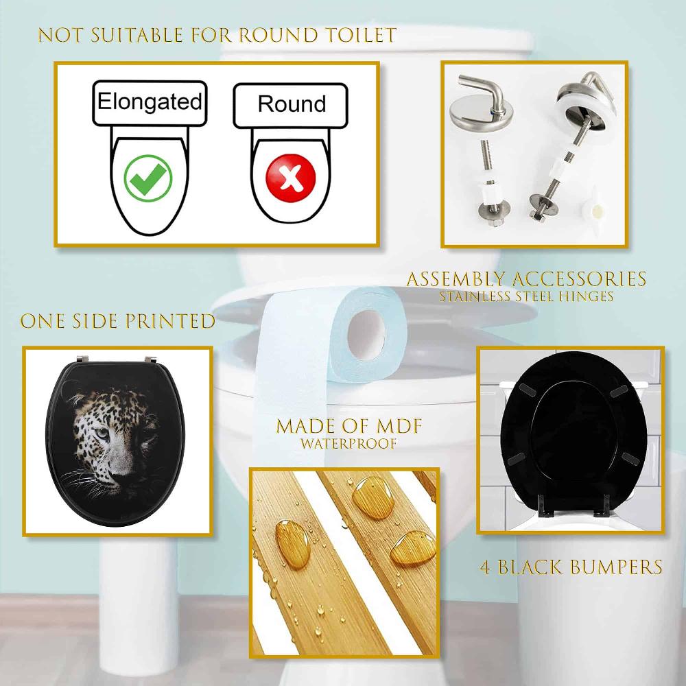 Evideco 18-Inch Black Elongated Toilet Seat With Leopard Print Toilet Seats & Accessories Toilet Seats Toilet Seats Design & Solid