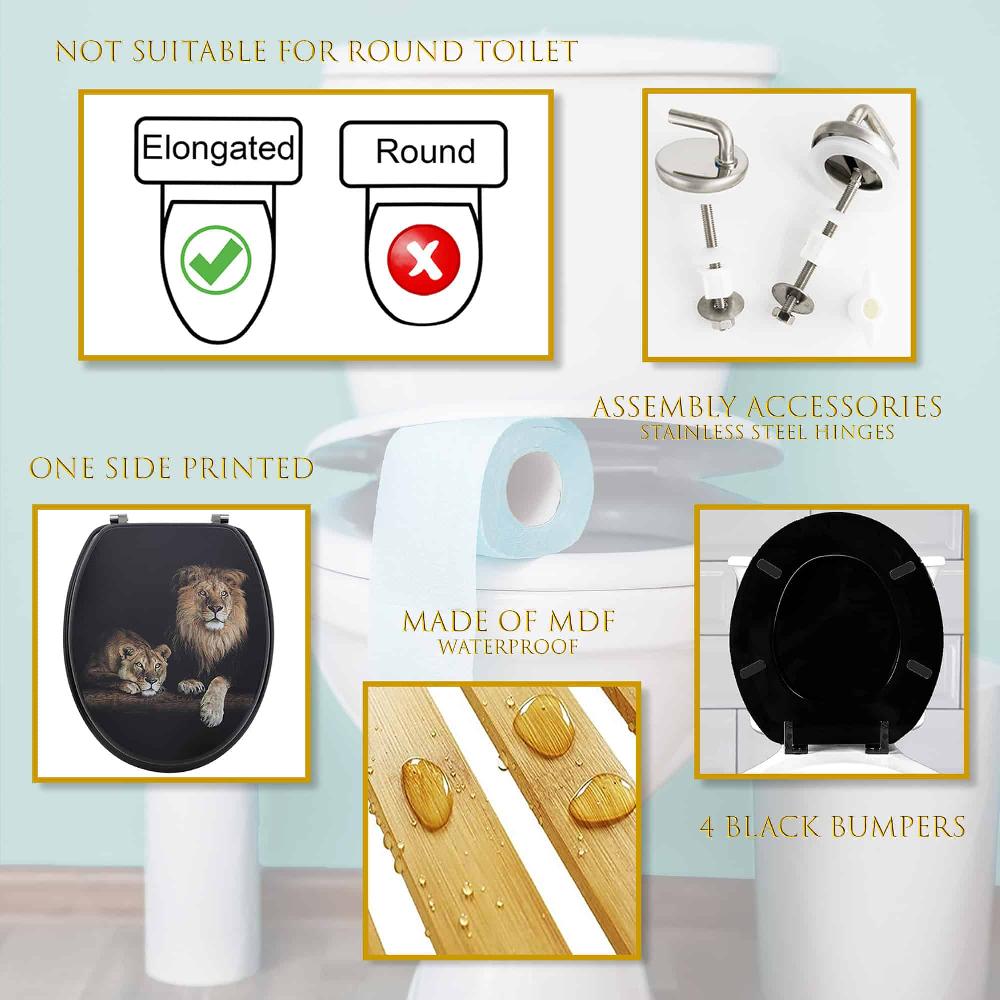 Evideco 18-Inch Black Elongated Toilet Seat With Lion And Lioness Print Toilet Seats & Accessories Toilet Seats Toilet Seats Design & Solid