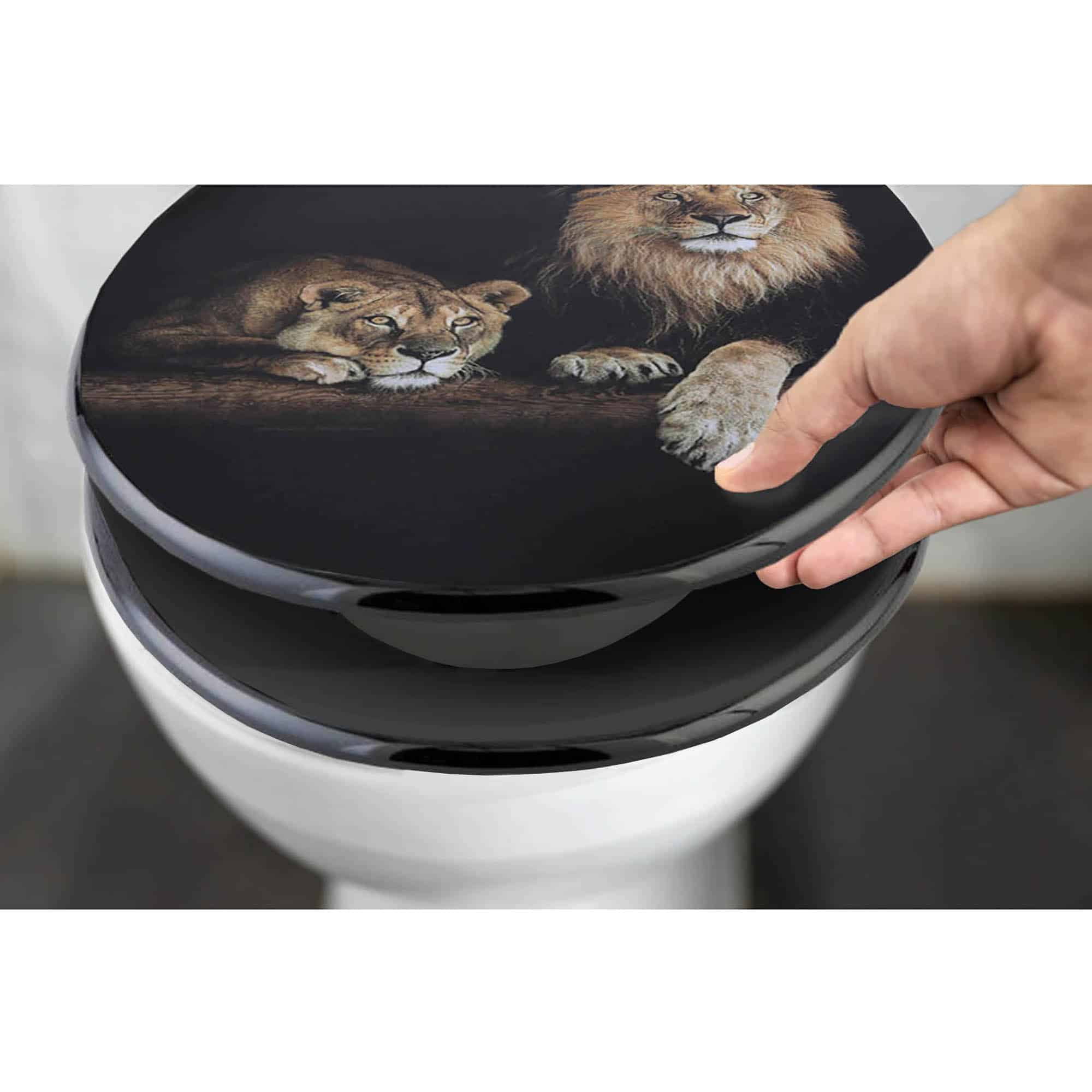 Evideco 18-Inch Black Elongated Toilet Seat With Lion And Lioness Print Toilet Seats & Accessories Toilet Seats Toilet Seats Design & Solid