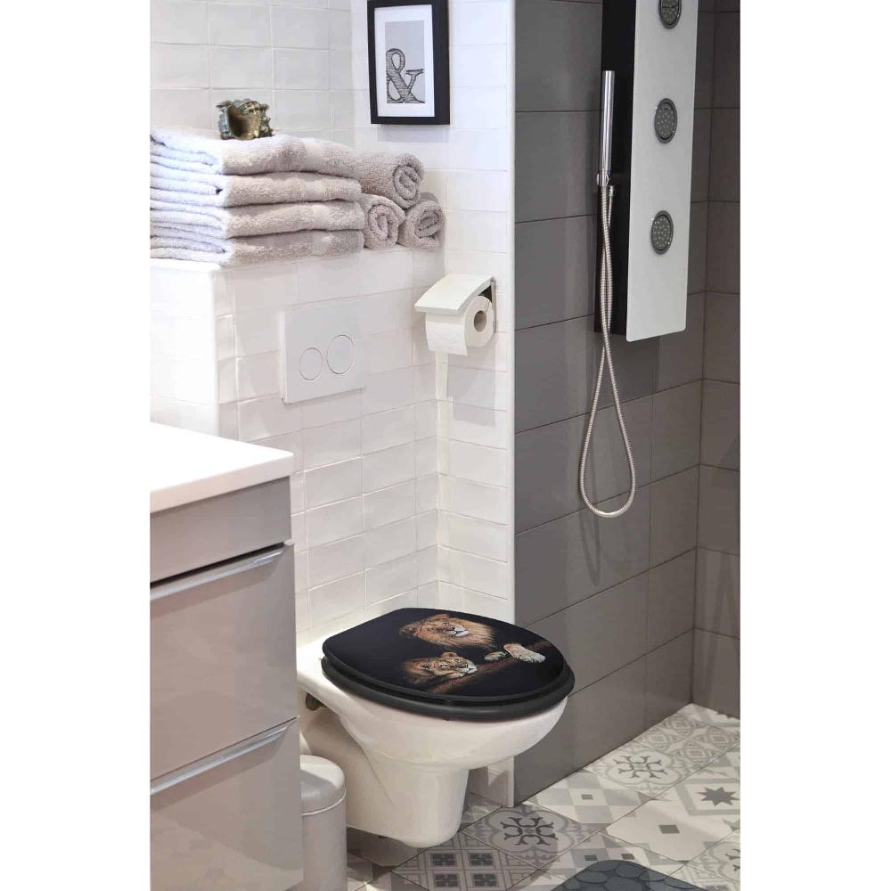evideco 18-Inch Black Elongated Toilet Seat With Lion And Lioness Print Toilet Seats & Accessories Toilet Seats Toilet Seats Design & Solid