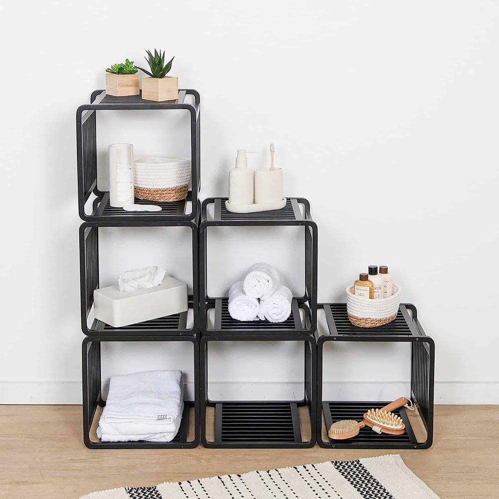 evideco 2 Smart Kube Black Bamboo Cube Storage 13″ Stackable Shelf Organizer Bathroom Storage & Furniture Towel Racks & Shelving