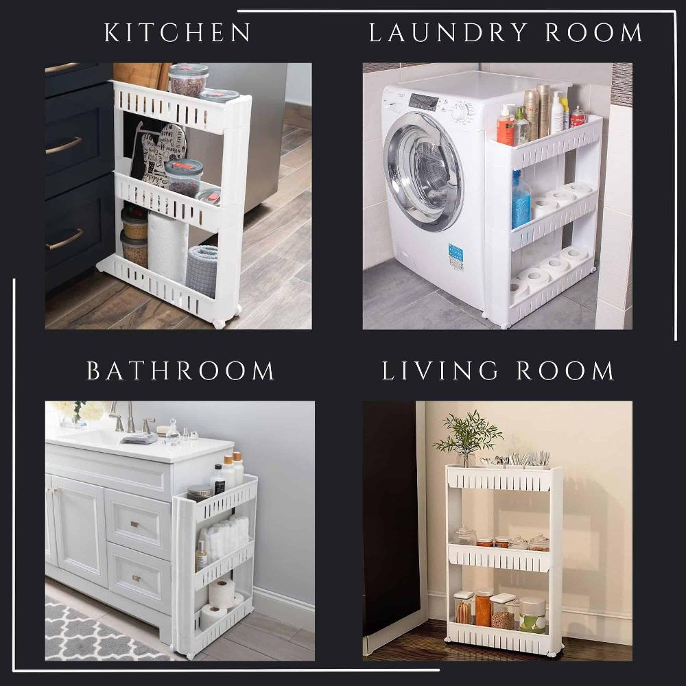 Evideco 3-Tier Slim Rolling Utility Cart Multi-Purpose Organizer White– Kitchen Bathroom Office Storage – Easy To Assemble Durable Bathroom Storage & Furniture Towel Racks & Shelving Rolling Storage Carts