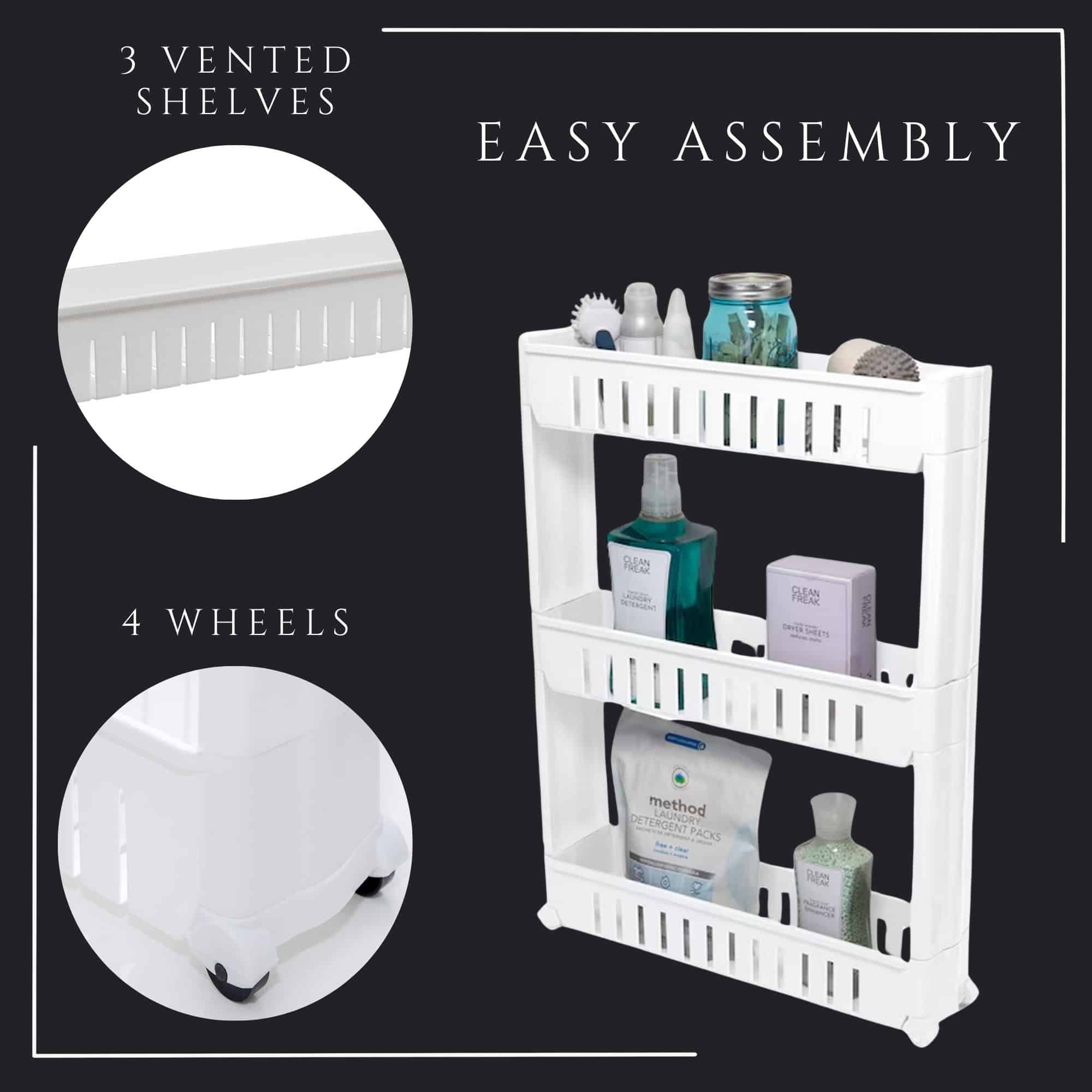 Evideco 3-Tier Slim Rolling Utility Cart Multi-Purpose Organizer White– Kitchen Bathroom Office Storage – Easy To Assemble Durable Bathroom Storage & Furniture Towel Racks & Shelving Rolling Storage Carts