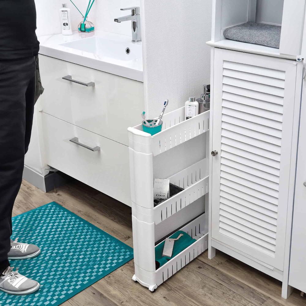 Evideco 3-Tier Slim Rolling Utility Cart Multi-Purpose Organizer White– Kitchen Bathroom Office Storage – Easy To Assemble Durable Bathroom Storage & Furniture Towel Racks & Shelving Rolling Storage Carts