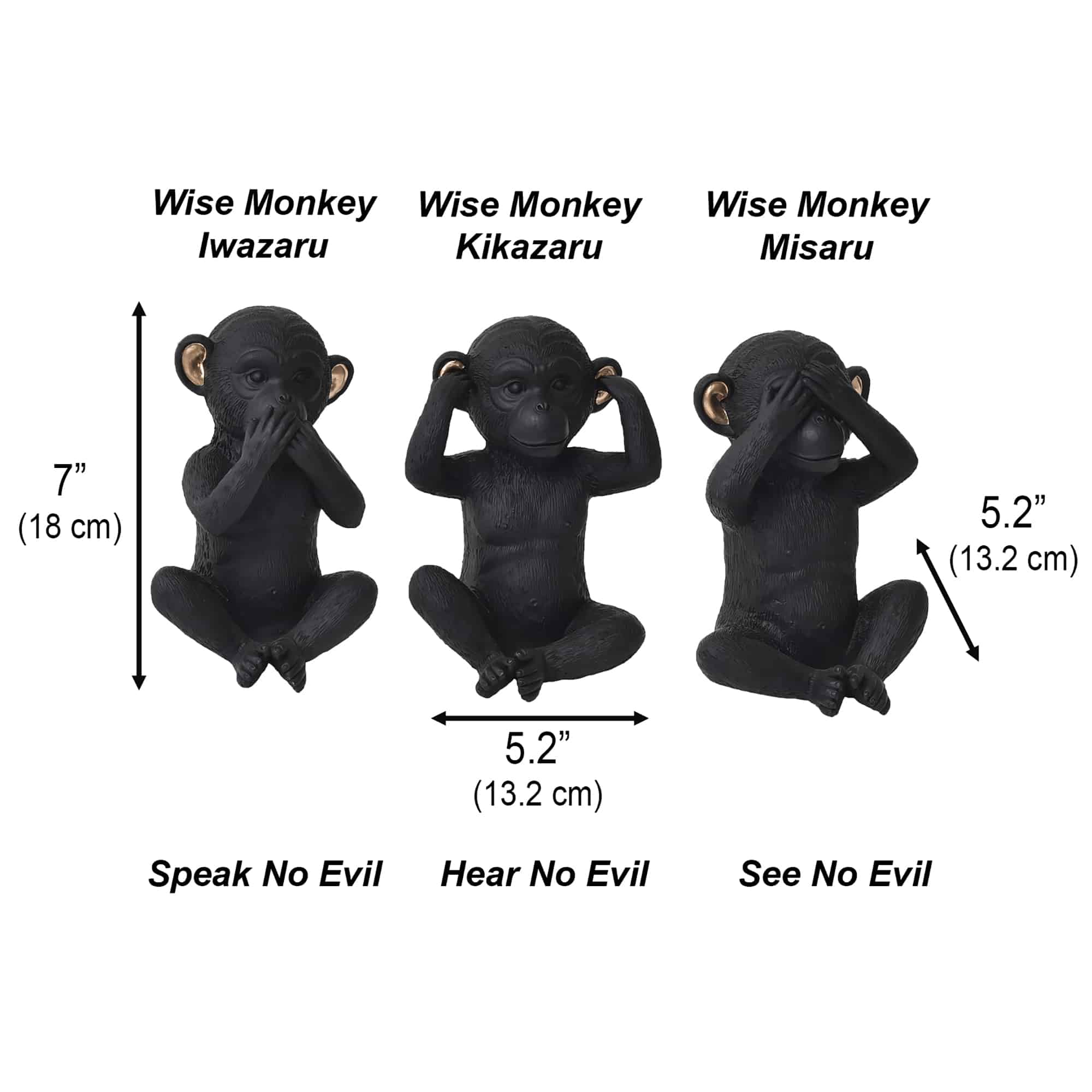 Evideco 3 Wise Monkeys Speak Hear See No Evil Resin Black Gold Set Of 3 Home Accessories Statuettes