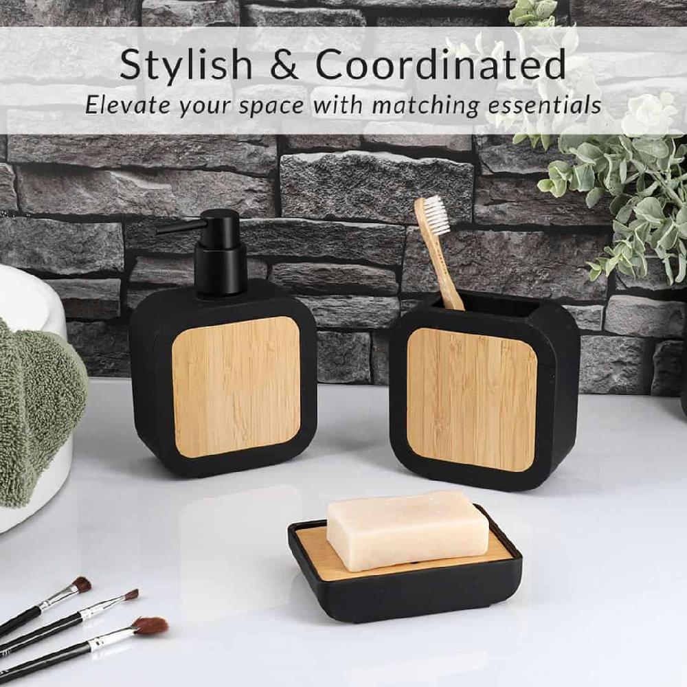 evideco 4-Piece Bathroom Accessory Set Black Rubber and Bamboo Bathroom Accessories Bath Coordinate Sets
