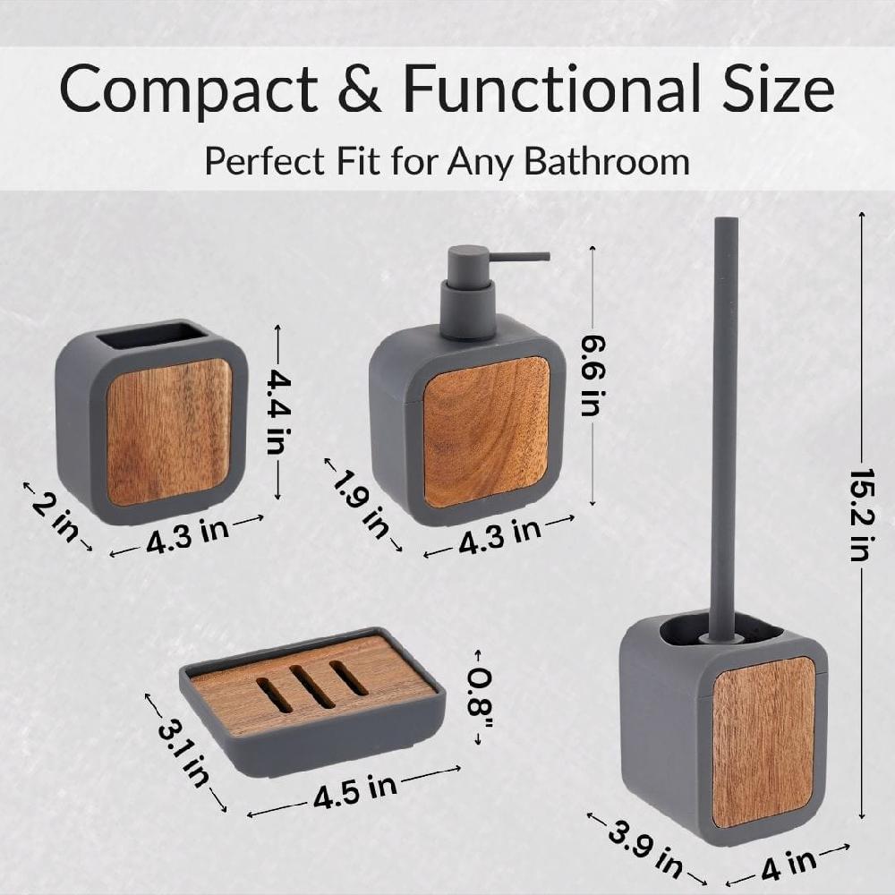 Evideco 4-Piece Bathroom Accessory Set Gray Rubber And Acacia Bathroom Accessories Bath Coordinate Sets
