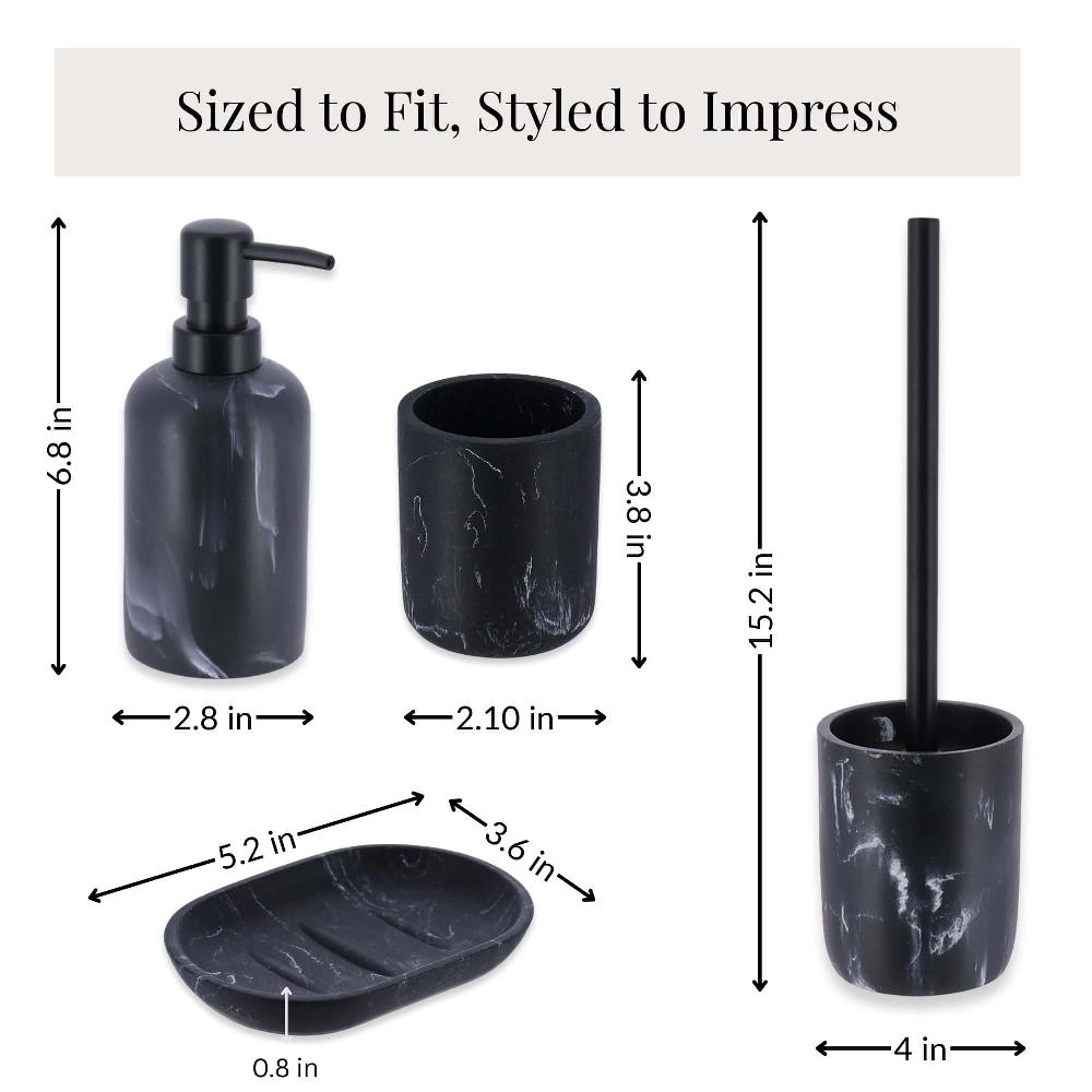 Evideco 4-Piece Black Marble Bathroom Accessory Set Bathroom Accessories Bath Coordinate Sets