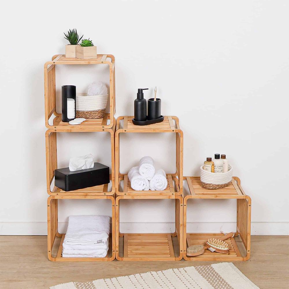 evideco 4 Smart Kube Natural Bamboo Cube Storage 13″ Stackable Shelf Organizer Bathroom Storage & Furniture Towel Racks & Shelving