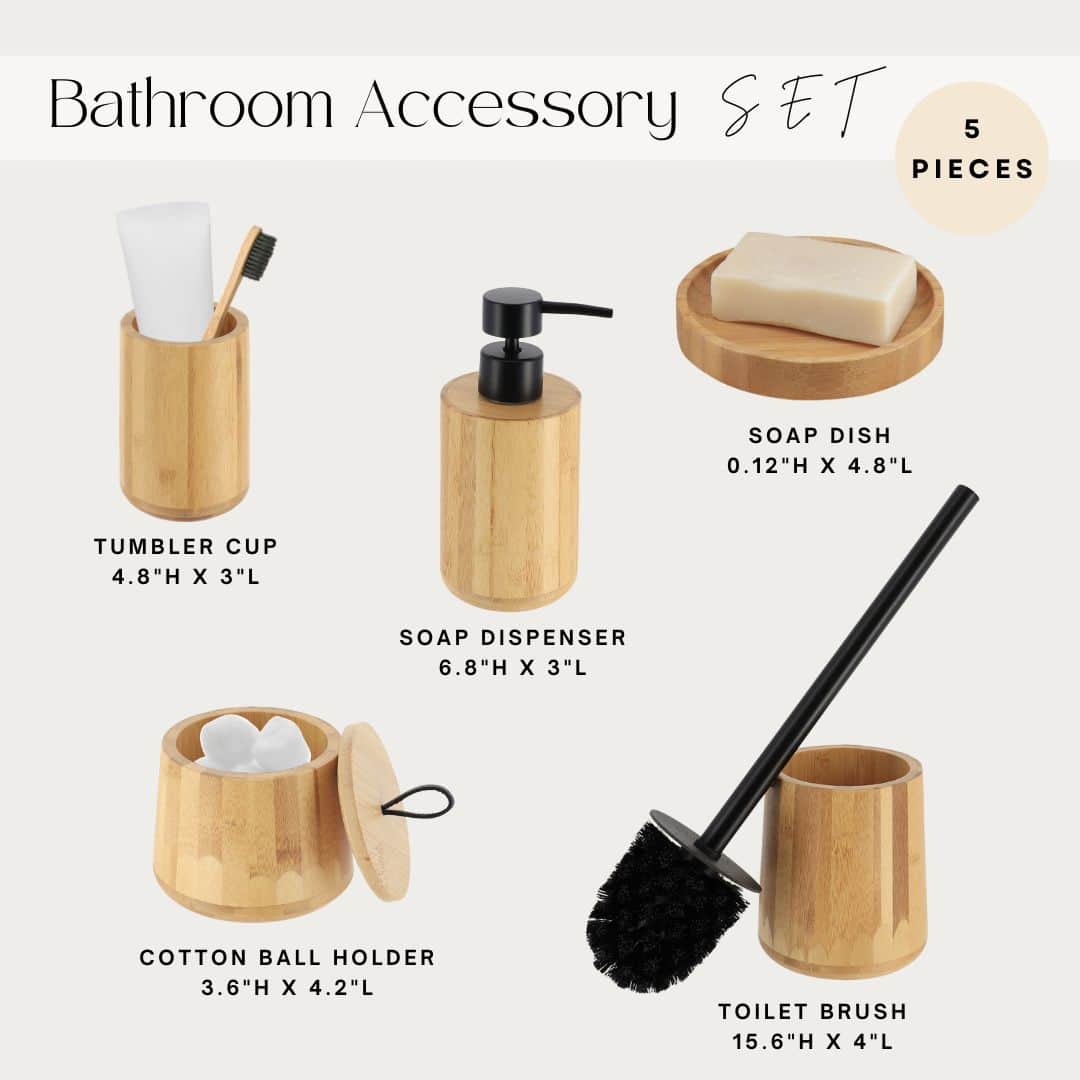 Evideco 5-Piece Bathroom Accessory Set – Bamboo Toothbrush Holder Soap Dispenser Soap Dish Toilet Brush & Cotton Ball Holder Bathroom Accessories Bath Coordinate Sets