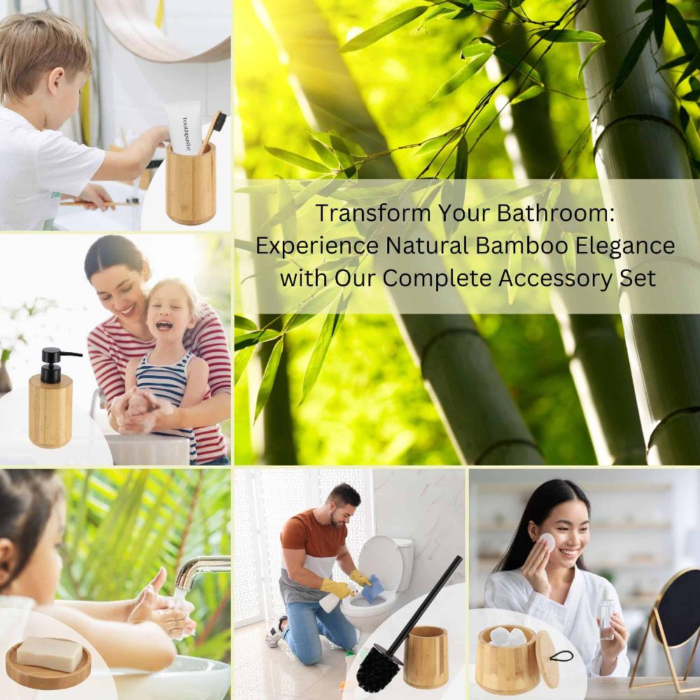 Evideco 5-Piece Bathroom Accessory Set – Bamboo Toothbrush Holder Soap Dispenser Soap Dish Toilet Brush & Cotton Ball Holder Bathroom Accessories Bath Coordinate Sets