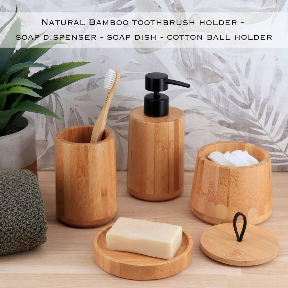 evideco 5-Piece Bathroom Accessory Set – Bamboo Toothbrush Holder Soap Dispenser Soap Dish Toilet Brush & Cotton Ball Holder Bathroom Accessories Bath Coordinate Sets