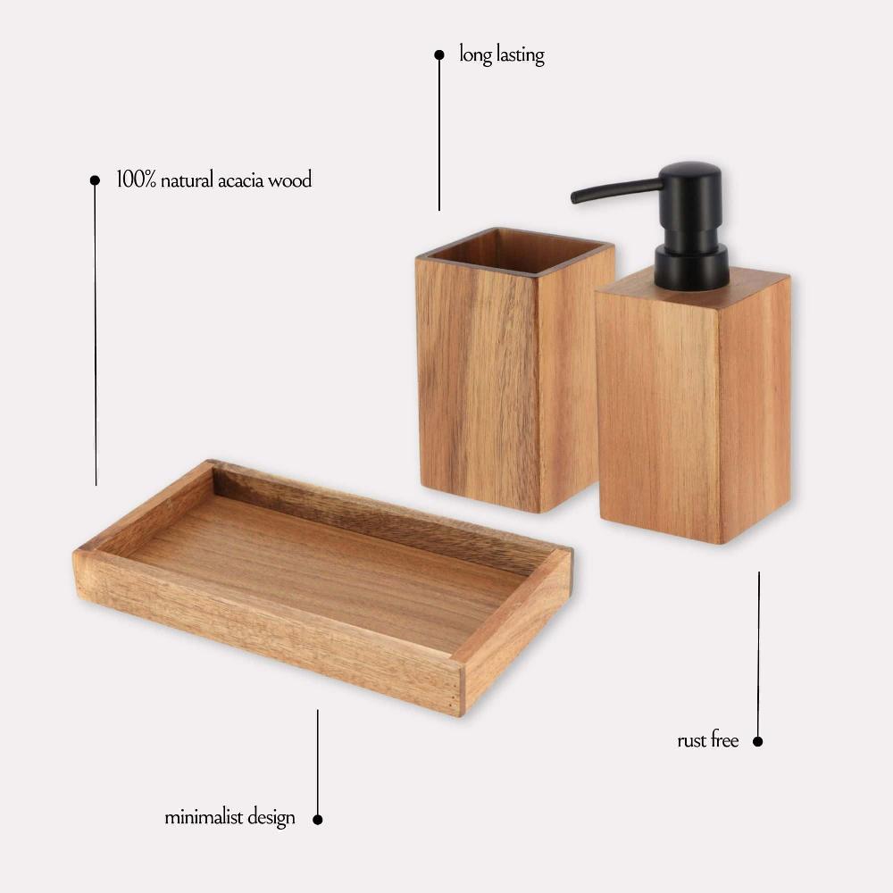 Evideco Acacia Bathroom Accessory Set 3-Pieces Rectangular Bathroom Accessories Bath Coordinate Sets