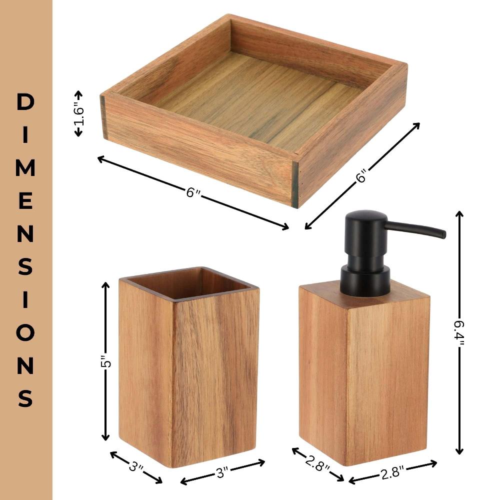 Evideco Acacia Bathroom Accessory Set 3-Pieces Square Bathroom Accessories Bath Coordinate Sets
